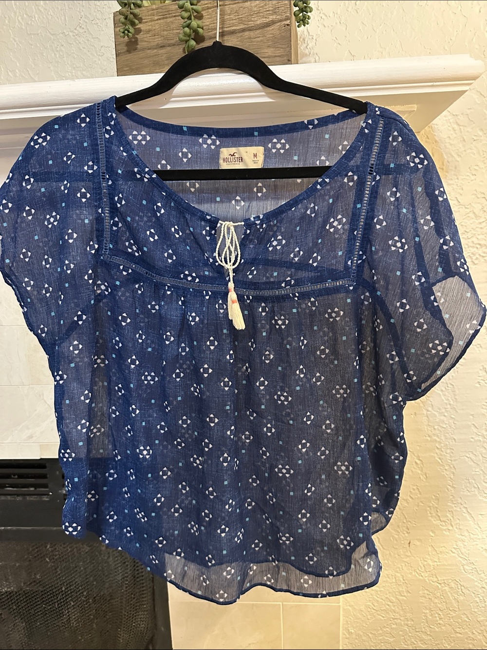 Hollister Sheer Navy Blue Printed Tie-Front Blouse